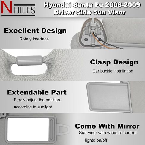 NHILES DRIVER SIDE SIDE SIDE SUN POSOR يناسب Hyundai Santa Fe 2006-2009 Sunshade مع الضوء 852100W110J4 اللون الرمادي in Kuwait