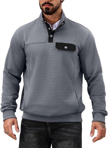 Men's Quilted Sweatshirt Casual Waffle Stand Collar Button Pullover Sweatshirts in Saudi Arabia