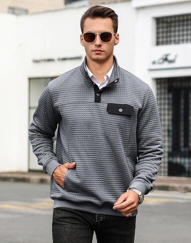 Men's Quilted Sweatshirt Casual Waffle Stand Collar Button Pullover Sweatshirts in Saudi Arabia