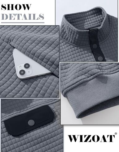 Men's Quilted Sweatshirt Casual Waffle Stand Collar Button Pullover Sweatshirts in Saudi Arabia