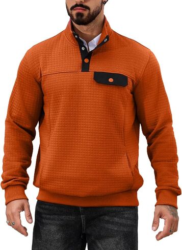 Men's Quilted Sweatshirt Casual Waffle Stand Collar Button Pullover Sweatshirts in Saudi Arabia
