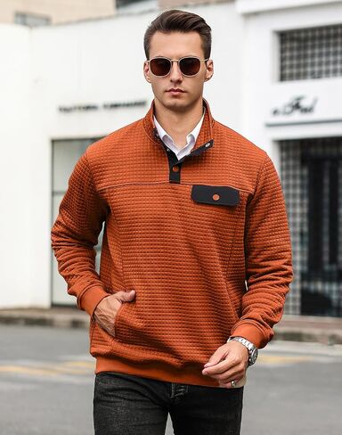 Men's Quilted Sweatshirt Casual Waffle Stand Collar Button Pullover Sweatshirts in Saudi Arabia