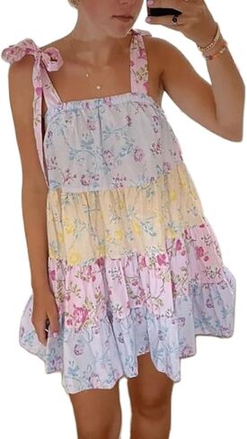 Women Tie Shoulder Mini Dress Floral Ruffle Babydoll Dress Boho Square Neck Sundress Cute Summer Dresses in Saudi Arabia