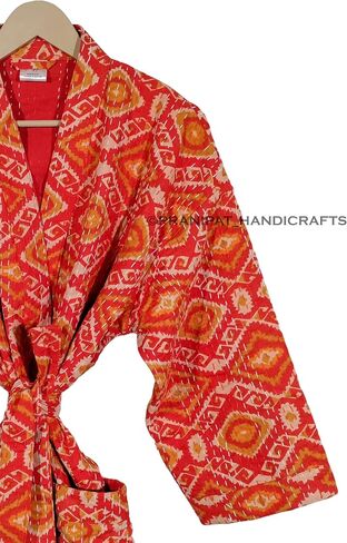 Ethnic Cotton Lightweight Open Front Mid-Length Hippie Ikat Print Women Outwear Kantha Jacket in Kuwait