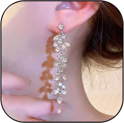 Clip on Earrings for Women Silver Sparkly Cubic Zirconia Long Tassel Dangle Drop Earrings Non Pierced Earrings for Women Jewelry Gifts Wedding Party in Saudi Arabia