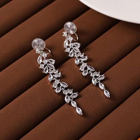 Clip on Earrings for Women Silver Sparkly Cubic Zirconia Long Tassel Dangle Drop Earrings Non Pierced Earrings for Women Jewelry Gifts Wedding Party in Saudi Arabia