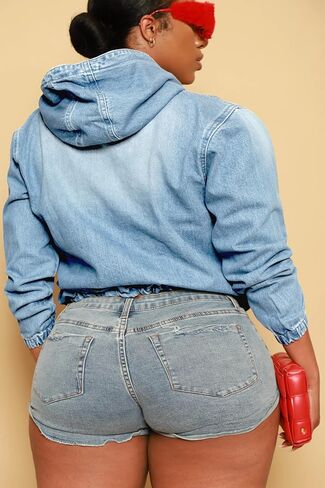 Women's Plus Size Half Zip Denim Hoodie Sweatshirt Pullover Jacket Jean Tops with Pockets in Kuwait