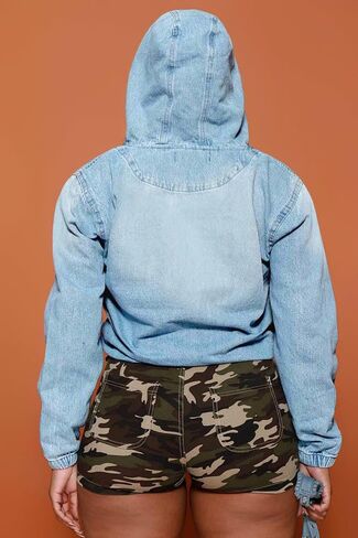 Women's Plus Size Half Zip Denim Hoodie Sweatshirt Pullover Jacket Jean Tops with Pockets in Kuwait