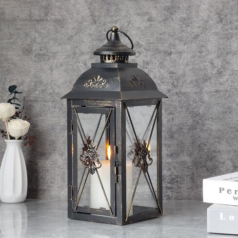 مجموعة من 3 شمعة زخرفية الفانوس 19 '' & 13 "و 10" H عتيقة الشمعة المعدنية مع الزجاج المقسى مثالي لحفلات حفلات الزفاف الفناء في الحديقة في الهواء الطلق (أسود) in Kuwait