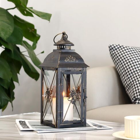 مجموعة من 3 شمعة زخرفية الفانوس 19 '' & 13 "و 10" H عتيقة الشمعة المعدنية مع الزجاج المقسى مثالي لحفلات حفلات الزفاف الفناء في الحديقة في الهواء الطلق (أسود) in Kuwait