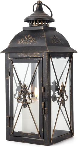 مجموعة من 3 شمعة زخرفية الفانوس 19 '' & 13 "و 10" H عتيقة الشمعة المعدنية مع الزجاج المقسى مثالي لحفلات حفلات الزفاف الفناء في الحديقة في الهواء الطلق (أسود) in Kuwait