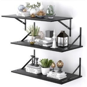 12 Inch Deep Floating Shelves for Wall, 24" W x 12" D Black Floating Shelves Set of 3, Large Wide Wall Shelves for Living Room, Kitchen, Office, Bedroom, Bathroom