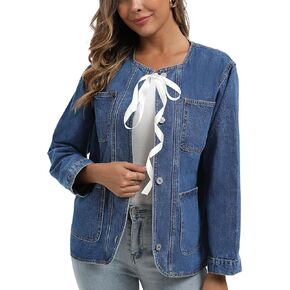 Ladyful Womens Collarless Denim Jacket Trendy Long Sleeve Jean Jacket Casual Button Down Denim Shacket