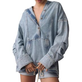 زر Kedera Women's Up Sweatshirt Denim Hoodie سترة شحمة كبيرة الحجم