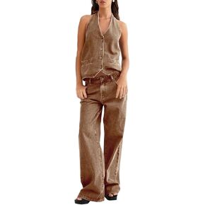 Fisoew Women's Two Piece Denim Set Button Down Backless Tank Top and Wide Leg Jeans 2 Piece Outfit Suit in Saudi Arabia