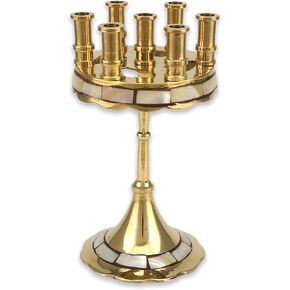 Orthodox Candle Holder - 7 Candle Brass Candelabra with Mother of Pearl Inlay, Home Icon Altar, Prayer Corner, Height: 5.9 inch