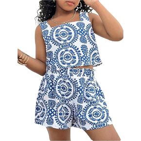 Floerns Girl's Two Piece Outfit Vacation Tropical Tank Top with Boho Shorts Set