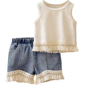 WDIRARA Girl's 2 Piece Outfits Fringe Sleeveless Tank Top and denim Shorts Set