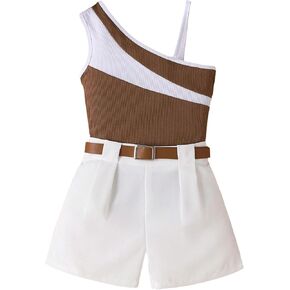 MakeMeChic Girl's 2 Piece Outfits Color Block Asymmetrical Neck Cami Top and Belted Shorts Set
