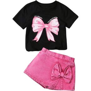 WDIRARA Girl's 2 Piece Outfits Bow Print Short Sleeve Tee and Split Denim Skorts Shorts Cute Matching Clothes