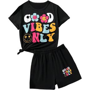 GORGLITTER Girl's 2 Pieces Set Graphic Letter Print Cute Short Sleeve T-Shirt And Shorts Set