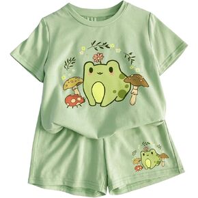 SweatyRocks Girl's Two Piece Outfits Cute Cartoon Print Short Sleeve T Shirt and Shorts Clothing Sets