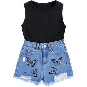 MakeMeChic Girl's 2 Piece Outfits Crew Neck Sleeveless Tank Top and Butterfly Denim Shorts Set