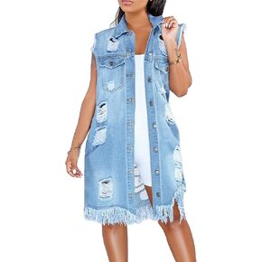 SOMTHRON Women's Distressed Ripped Sleeveless Mid Long Denim Jacket Button Up Jean Vest Cardigan Coats Waistcoat in Saudi Arabia