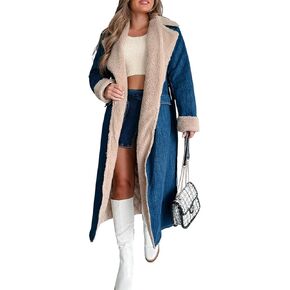 yoeasy Womens Warm Winter Sherpa Fleece Lined Long Denim Coat Windproof Thick Denim Trench Coat with Belt