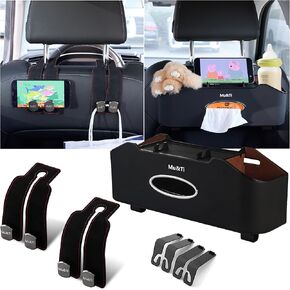 Car Storage Organizer, Multifunctional Car Seat Back Storage Box with 2 Cup Holders, Tissue Box and Hook - Ideal for Kids and Travel (Black)