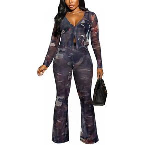 acelyn Sexy 2 Piece Outfits for Women Summer Mesh Printed Long Sleeve Button Down Shirt Tops and Bodycon Flared Pants Sets