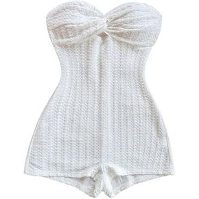 MakeMeChic Women's Summer Short Rompers Twist Bandeau Strapless One Piece Jumpsuits