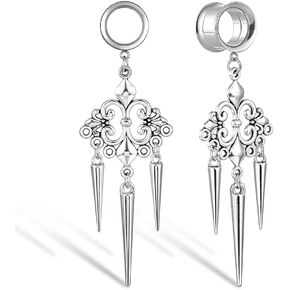 LADEMAYH 2Pcs Surgical Stainless Steel 316L Ear Plugs Tunnels, Gothic Style Dangling Gauges for Ears, 2g-1inch, Hypoallergenic Ear Hanging Piercing Gauge Earrings Body Jewelry for Women