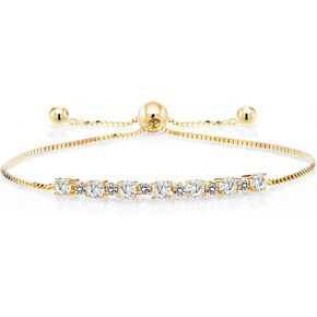 Gem Stone King 18K Yellow Gold Plated Silver Adjustable Tennis Bracelet for Women Up to 9 Inch Set with Round 0.85cttw Moissanite and Diamond