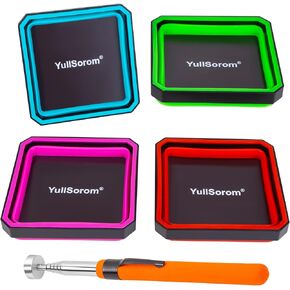 Collapsible Dual-Sided Magnetic Parts Tray Set, 4-Pack 4.5" Magnetic Tool Trays for Screws Bolts Nuts Washers Pins with 1pc Magnetic Suction Rod