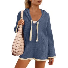 Yanekop Womens V Neck Romper Waffle Knit Jumpsuit Short Overalls Romper One Piece Jumper with Hoodie