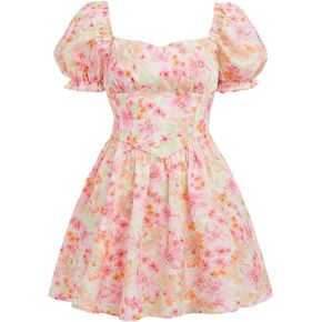 Girl's Summer Dress Floral Print Frill Puff Sleeve Sweetheart Neck A Line Short Spring Dresses