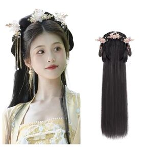 Retro Chinese Vintage شعر مستعار قديم على النمط الصيني القديم لفتاة Geisha عقال الشبكة Wig Retro Headwear Wigs Bun Bun Bun Cosplay (الحجم: شعر مستعار+headwear1)