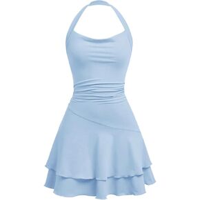 Milumia Girl's Summer Backless Halter Short Dress Sleeveless Tiered Layered Mini Dresses