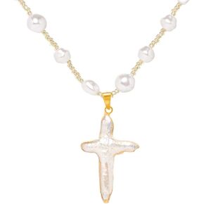 Pearl Cross Necklace for Women Nature Baroque Freshwater Real Pearl Chunky Gold Plated Big Pearl Pendant Necklace Choker Faith Christian Religious Gifts for Women Men Trendy Jewelry