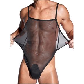 Men's Men's Sheer Mesh Sexy Bodysuits See Through High Cut Thong Leotard Singlet