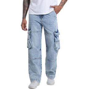 Men's Non-Stretch Loose Fit Wide-Leg Baggy Cargo Jeans Pants