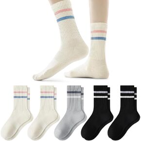 5 Pairs Cotton Crew Socks for Women, Casual Retro Soft Cozy Athletic Running Breathable Striped Tube Socks