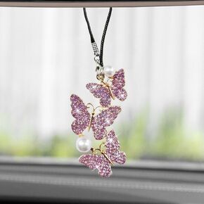 Bling Butterfly Diamond Car Hanging Accessories, Crystal Rear View Mirror Charms, Hanging Ornament Pendant Lucky Presents for Women, Interior Decoration Accessories for All Cars (Sliver)