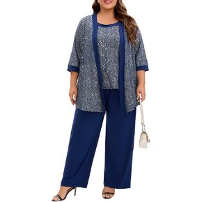 Plus Size Mother of The Bride 3 Piece Stretch Pant Suit Set Formal Wedding Guest Attire Evening Gala Outfit for Women