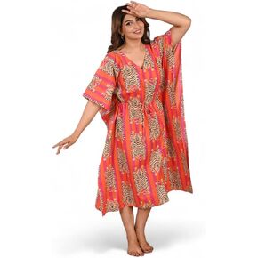Women Calf Length Kaftan,Cruise,Beach wear,Maxi Dress, Kaftan Dress, Long Top Caftan, Kimono Robe Multi, Orange