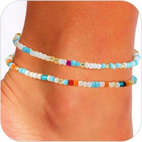 Boho Gold Anklet Bracelets for Women, Waterproof Beach Layered Pearl Beaded Turquoise Anklets Set Handmade Jewelry Gift