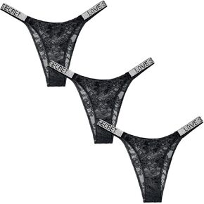 Women's Lace G-String Thongs Sexy Low Waist Tangas Underwear See-Through Rhinestones Thongs Panties 3-5 Pack