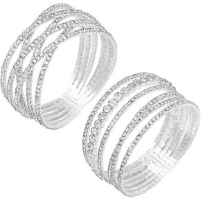 NEWITIN 2 Pieces Rhinestone Cuff Bracelet for Women Crystal Multilayer Bridal Bracelet Silver Adjustable Bangle Sparkling Rhinestone Open Bracelets for Women Costume Jewelry Dance Party Wedding