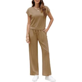 AVAMO Womens 2 Piece Outfit Casual Summer Lounge Sets Crop Tops Wide Leg Pants Sets Travel Outfits Vacation Tracksuit